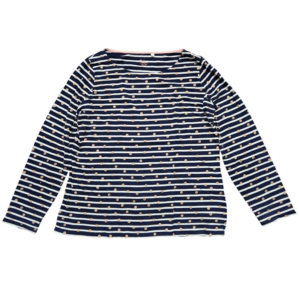 Boden Metallic Rose Gold Polka Dot Navy Stripe Shirt Size 14